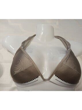 Rhinestone-Embellished Brown & White Bikini Top With Tie Back
